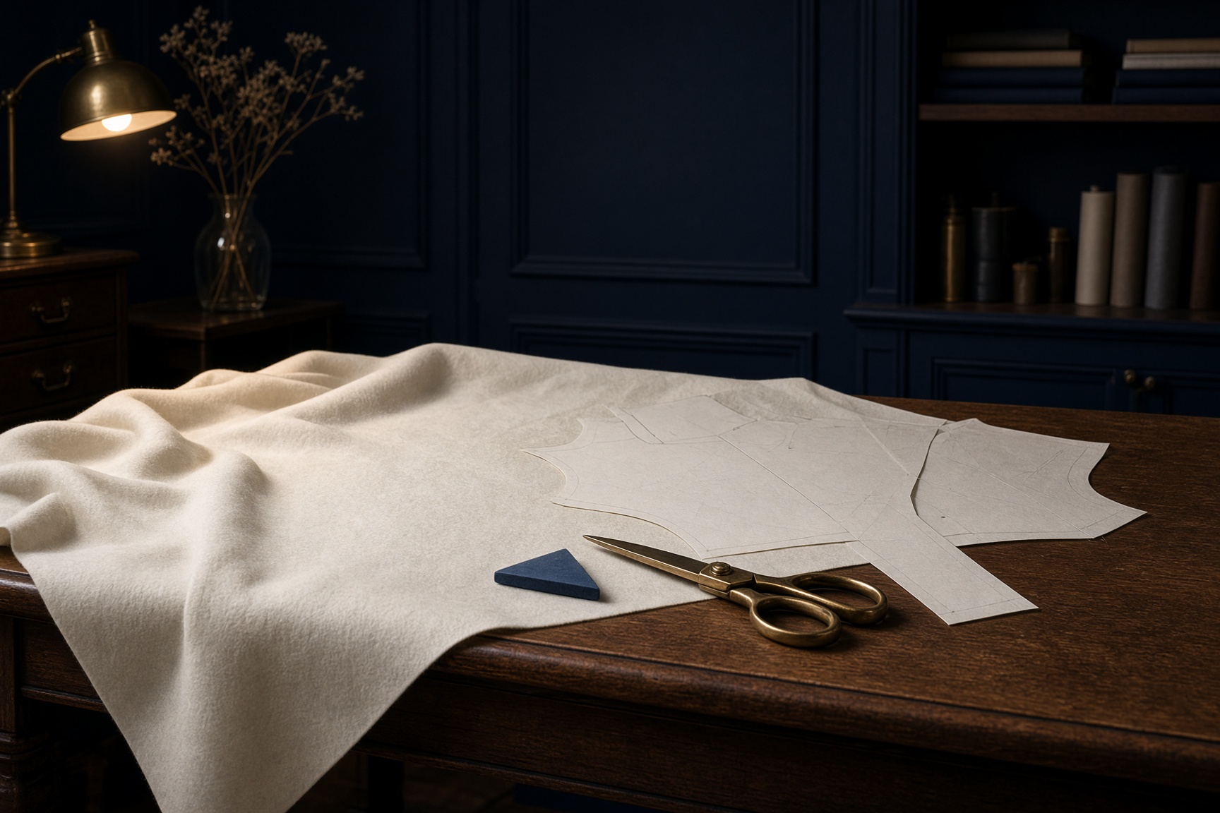 A cutting table with ivory wool and brass shears