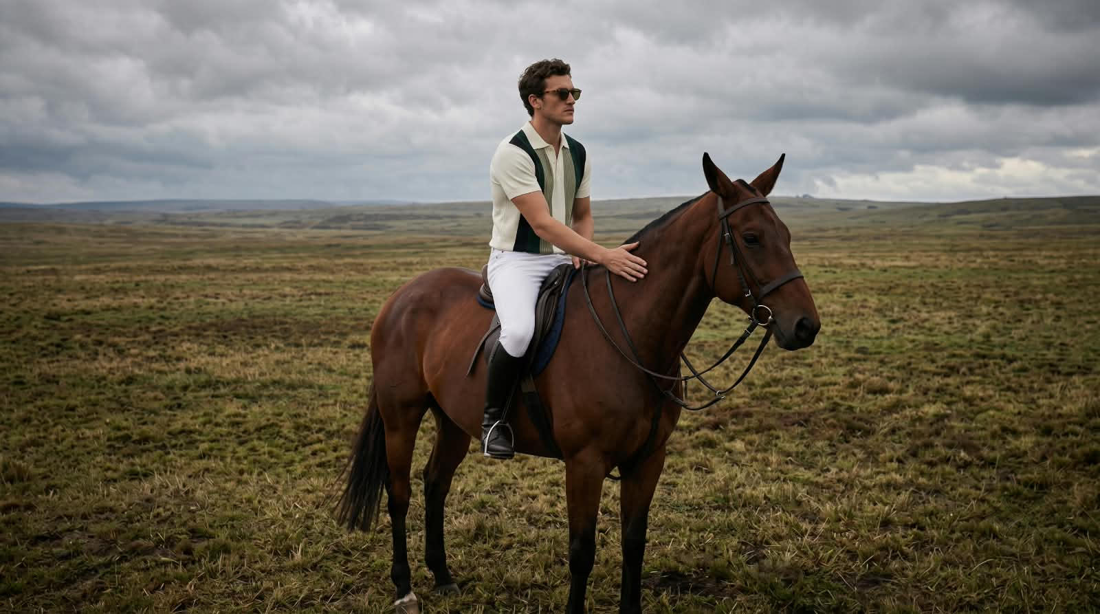 A rider in the Field Polo, stopped in open country under a silver sky